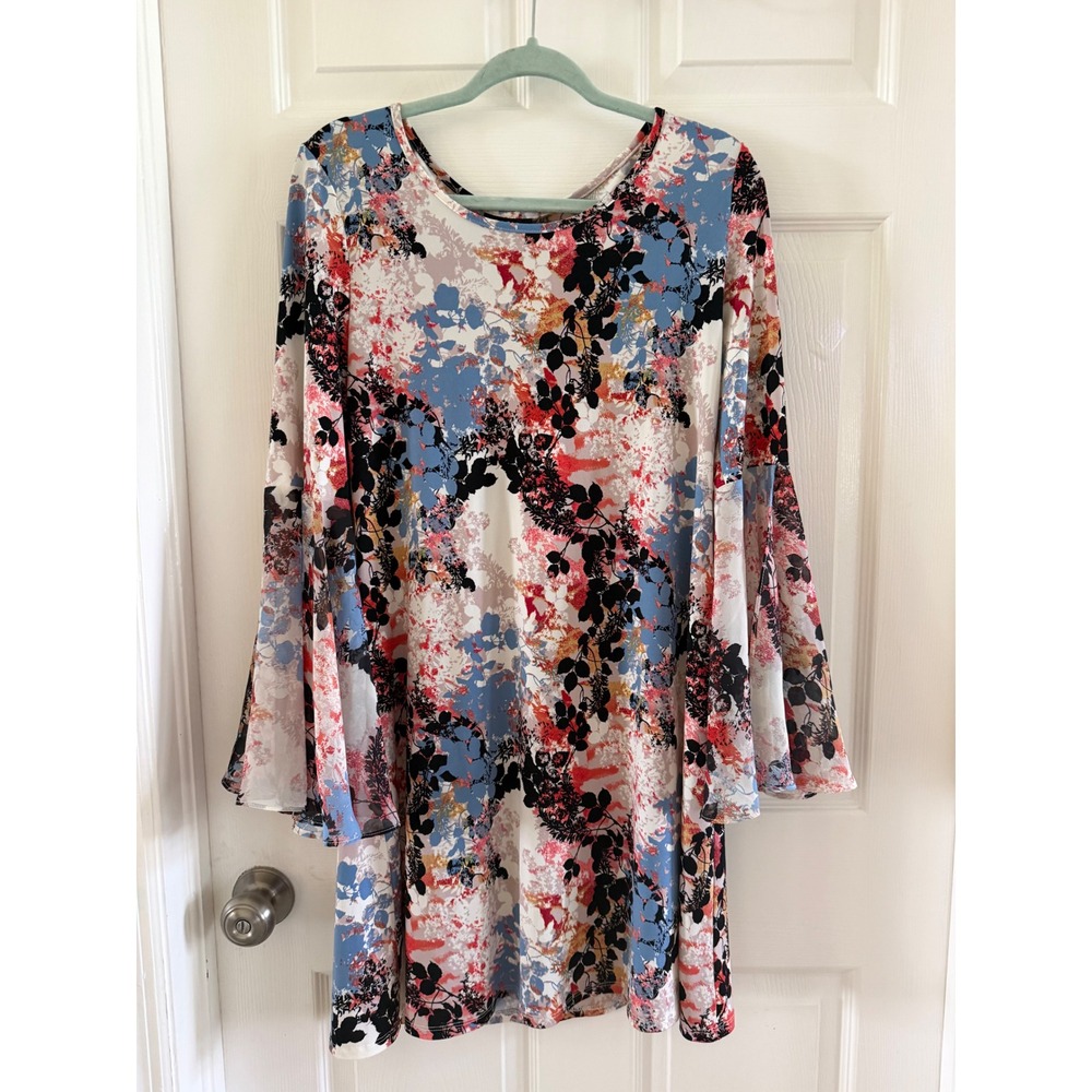 MSK Womens Floral Bell Sleeve Shift Dress Blue Red Abstract Print Large 316565